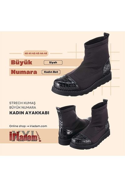 İriadam 19273 Black Crocodile Stretch Fabric Large Size Women's Shoes