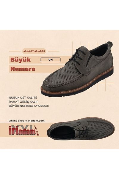 İriadam Krt103 Gray Calf Nubuck Leather Top Quality Comfortable Wide Fit Large Size Shoes