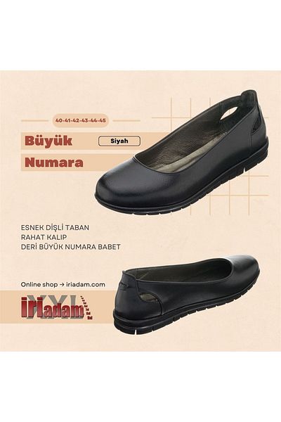 İriadam حذاء باليه مقاس كبير من الجلد الأسود 18545 بأرقام 41,42,43,44