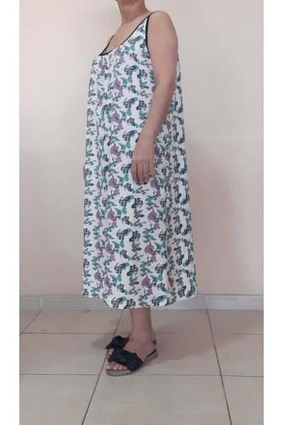 Mertcan Butik Gathered Front and Back Butterfly Patterned Combed Cotton Viscose Dress