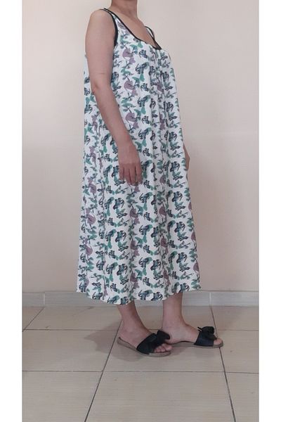 Mertcan Butik Gathered Front and Back Butterfly Patterned Combed Cotton Viscose Dress
