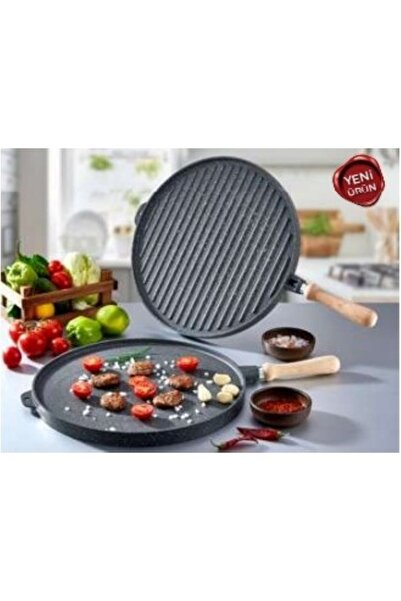 Alaca Nadirev Çift Taraflı 34 Cm Döküm Yuvarlak Izgara Tava