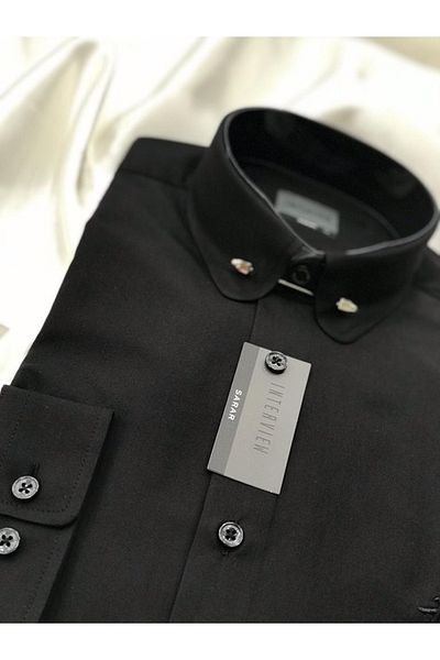 Sarar Interview Collar Needle Woven Men's Black Slim Fit Shirt
