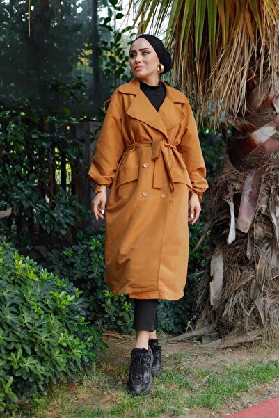 moda periy Kadın Modest Basic Kaliteli Mevsimlik Tarz Kolları Ipli Düğmeli Kuşaklı Tesettür Kap Trençkot