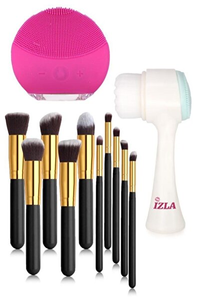 MUJGAN Siyah 10'lu Makyaj Fırça Seti Siyah + Forever Fuşya Cilt Temizleme Ale...