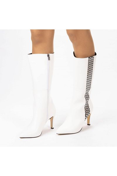 MixBrand Women's White Thin Heeled Pointed Toe Below the Knee Boots