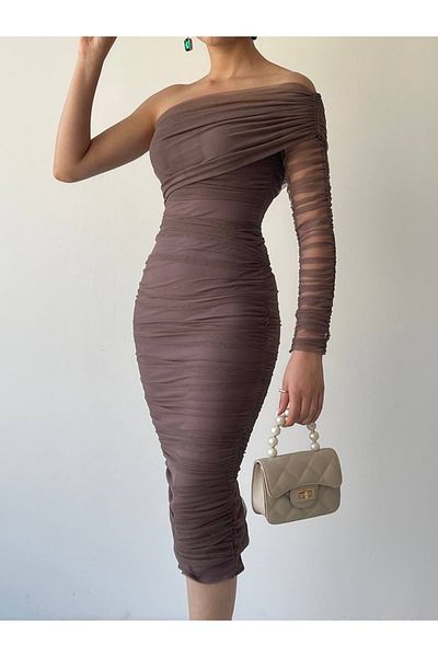 My Bella Драпирана черна рокля от тюл с едно рамо