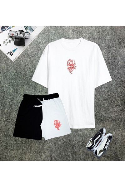 mw memowear Unisex Dragon Printed T-shirt Black-white 2 Different Color Shorts Combination