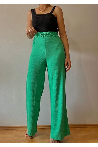 laughs Women's Elastic Waist Seersucker Loose Palazzo Trousers Pnt5210