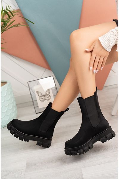 Sicilia Outdoors Black Suede Side Elastic Thick Sole Daily Women's Boots