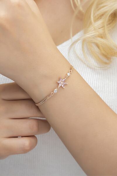 Nereze 925 Ayar Pembe Taşlı Lotus Çiçeği Gümüş Bileklik