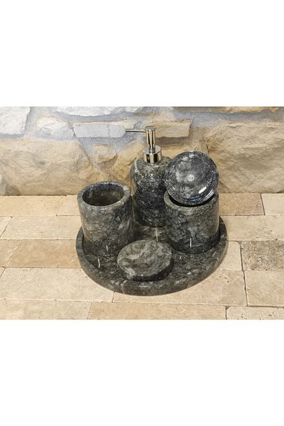 Polen Stone Uludağ Black Marble 5-Piece Bathroom Set with Corner Tray