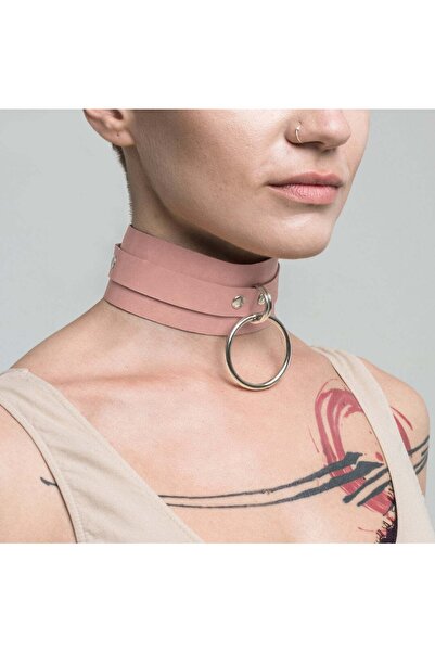 Sweet Demon Kadın Tekli Halka Detaylı Şık Deri Boyun Choker Aksesuar Pembe