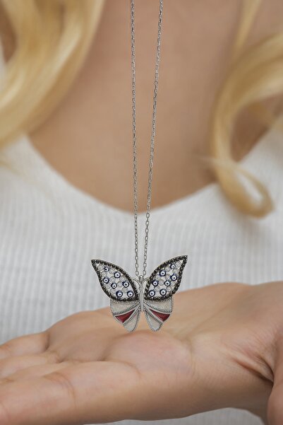 Nereze 925 Ayar Gümüş Siyah Taşlı Mineli Kelebek Kolye