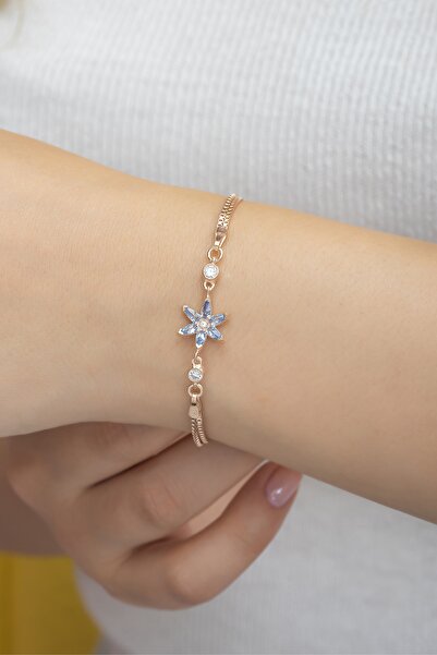 Nereze 925 Ayar Aquamarin Taşlı Lotus Çiçeği Gümüş Bileklik