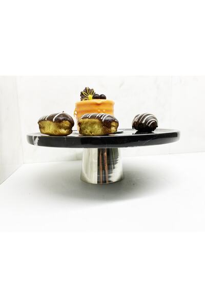 Modestmar Doğal Siyah Mermer Pasta Sunum Standı Gümüş Ayaklı