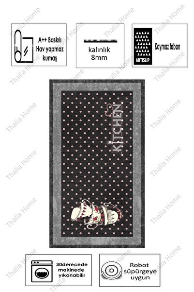 Thalia Home Dijital Baskı Kaymaz Taban Yıkanabilir Gri Mutfak Salon Halısı Yolluk