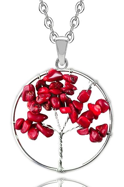 Tesbih Atölyesi Certified Natural Red Coral Stone Tree of Life Necklace