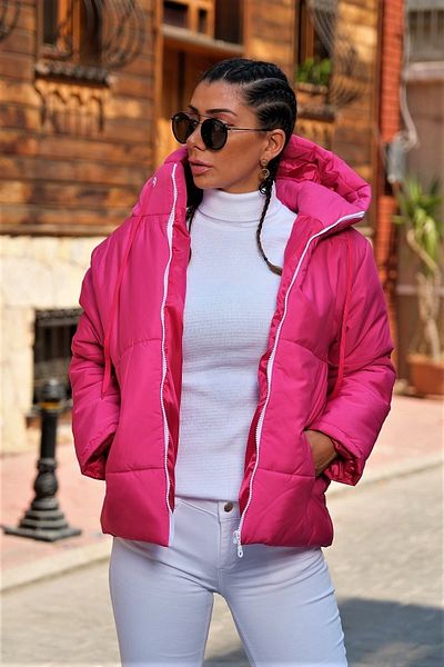 Keyifli Moda Jachetă pufă cu glugă impermeabilă fucsia pentru femei