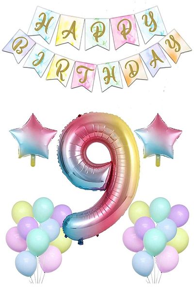 LOTUS PARTY Rainbow Concept 9 Year Old Birthday Set Figure And Star Foil Balloon Banner And Macaron Balloon