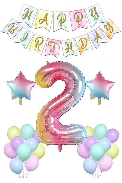 LOTUS PARTY مجموعة عيد ميلاد بعمر عامين من Rainbow Concept مع لافتة بالونات من رقائق الأرقام والنجوم وبالون ماكارونس