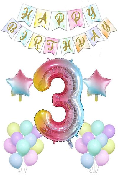 LOTUS PARTY Rainbow Concept 3 Year Old Birthday Set Figure And Star Foil Balloon Banner And Macaron Balloon