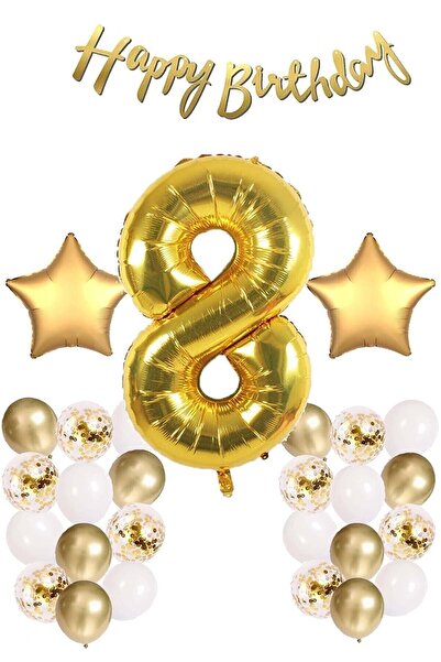 LOTUS PARTY Gold Konsepti 8 Yaş Doğum Günü Seti Rakam Ve Yıldız Folyo Balon B...