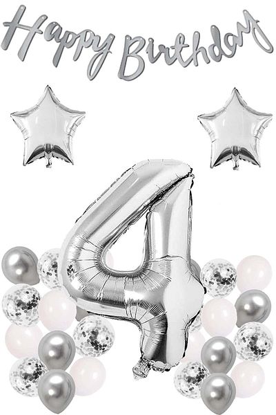 LOTUS PARTY Silver Concept 4 Year Old Birthday Set Number and Star Foil Balloon Banner and 24 Balloons and Stamps