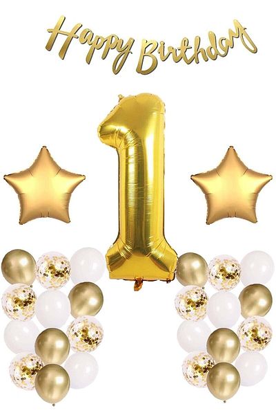 LOTUS PARTY Gold Concept 1 Year Old Birthday Set Number and Star Foil Balloon Banner and 24 Balloons and Stamps