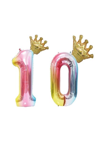 LOTUS PARTY Rainbow Concept 10 Year Old Birthday Set Number And King Crown Foil Balloon