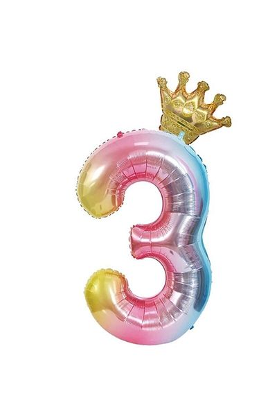 LOTUS PARTY Rainbow Concept 3 Year Old Birthday Set Number And King Crown Foil Balloon