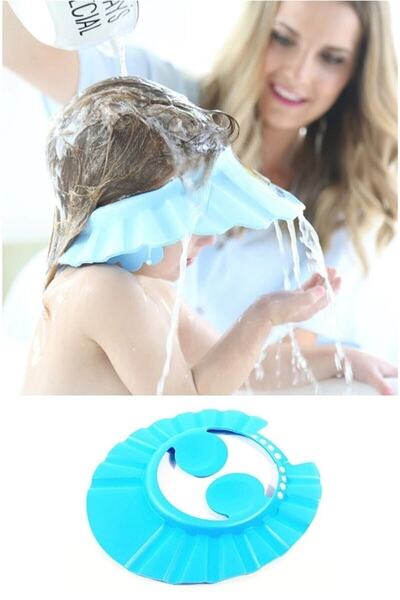 İNDİRİM PRO Bebek Banyo Şapkası Düğmeli Kulaklıklı Mavi