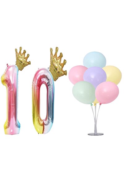 LOTUS PARTY Gökkuşağı Konsepti 10 Yaş Doğum Günü Seti Rakam Ve Kral Taç Folyo...