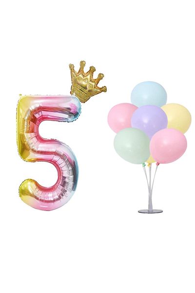 LOTUS PARTY Rainbow Concept 5 Year Old Birthday Set Figure and King Crown Foil Balloon 7 Pieces Balloon Stand 7 Balloons