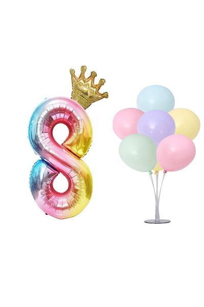 LOTUS PARTY Rainbow Concept 8 Year Old Birthday Set Figure and King Crown Foil Balloon 7 Pieces Balloon Stand 7 Balloons