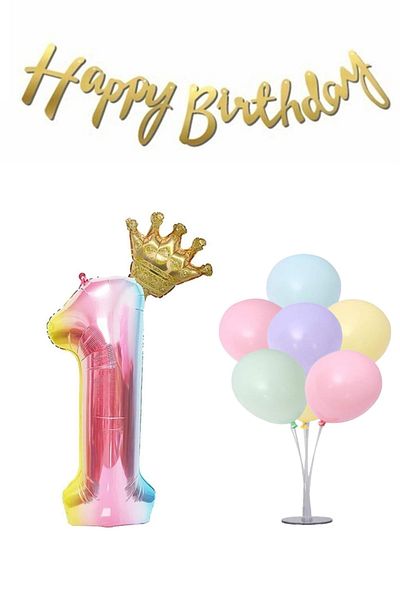 LOTUS PARTY مجموعة أرقام عيد ميلاد بعمر سنة واحدة من Rainbow Concept - بالون فويل كينج كراون 7 قطع حامل بالون + بالون + كتابة
