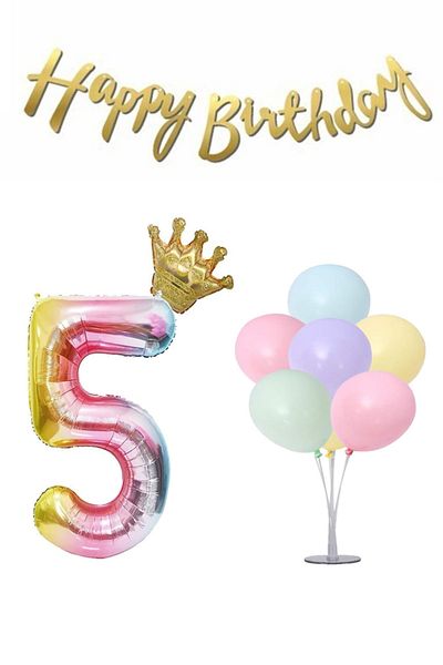 LOTUS PARTY Rainbow Concept 5 Year Old Birthday Set Figure - King Crown Foil Balloon 7-Piece Balloon Stand + Balloon + Text