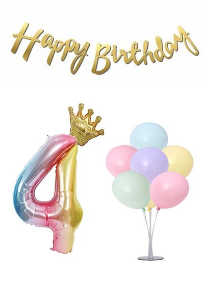 LOTUS PARTY Rainbow Concept 4 Year Old Birthday Set Figure - King Crown Foil Balloon 7-Piece Balloon Stand + Balloon + Text