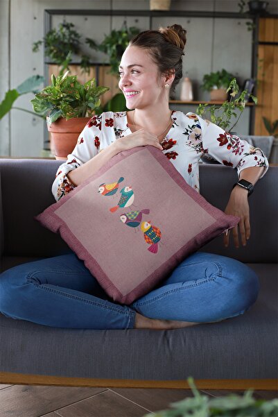 Viva Home 43x43cm Premium Kuşlu Tay Tüyü Çift Taraflı Kırlent Yastık Kılıfı Dokuma Kumaş Krl213
