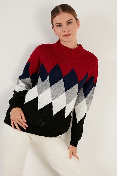 Lela Diamond Patterned Half Turtleneck Knitted Sweater Women's Sweater 6310003