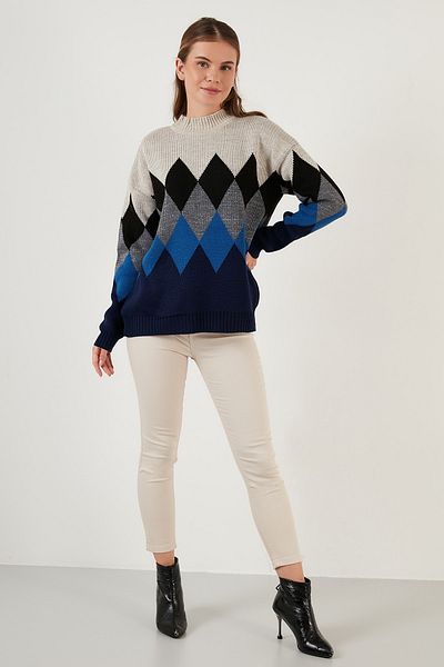 Lela Diamond Patterned Half Turtleneck Knitted Sweater Women's Sweater 6310003