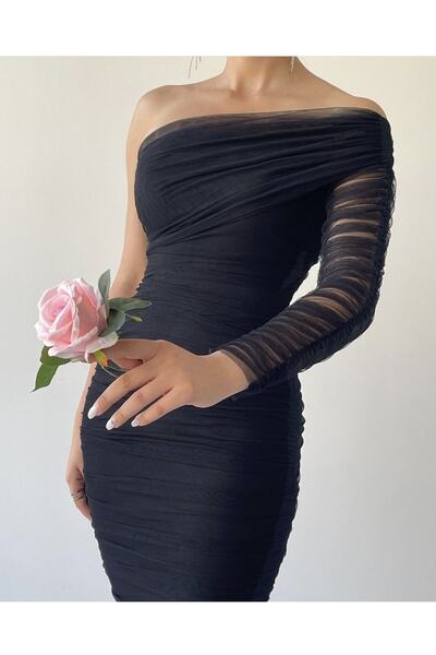 manana fashion Tek Kol Drapeli Midi Siyah Elbise