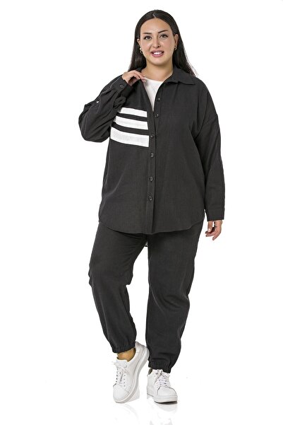 DISENTIS MODEST Σετ πουκάμισο και παντελόνι μεγάλου μεγέθους, λινό μαύρο