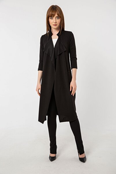 Laranor Truvakar Crepe Cardigan - Black Shawl Collar, Graphic Sleeve Pocket