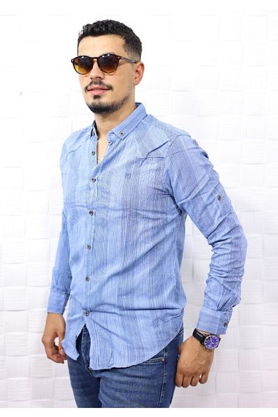 FBI Men's Blue Striped Slim Fit Embroidered Sleeve Folded Shirt 5134