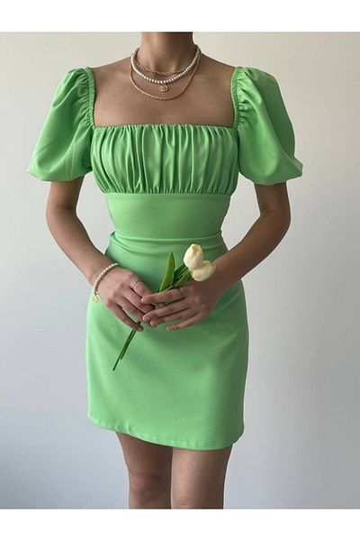 binoi Rochie verde cu mâneci cu balon la spate