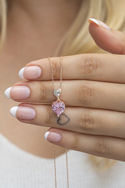 Nereze 925 Ayar Gümüş Pembe Taşlı Çift Kalp Tasarım Kolye