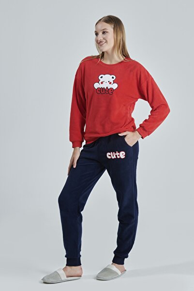 Alissa Kadın Kırmızı Polar Pijama Takımı Yuvarlak Yaka