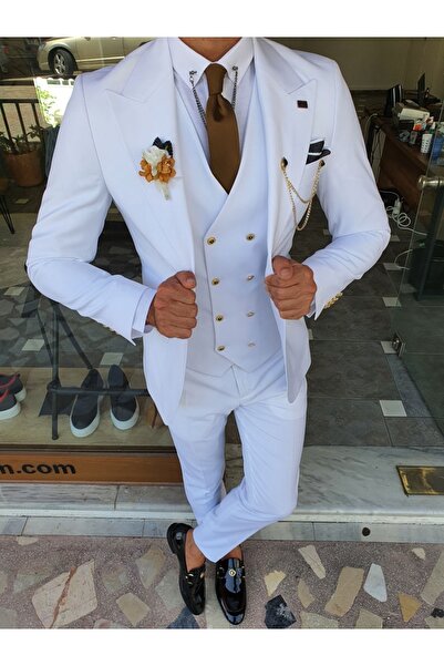 SARDINELLI Özel Üretim Dar Kesim Geniş Yaka Yün Yelekli Takım Elbise