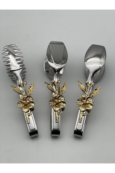 OSC HOME 3-Piece Stainless Steel Tongs Set with Japanese Roses - Silver Service Presentation